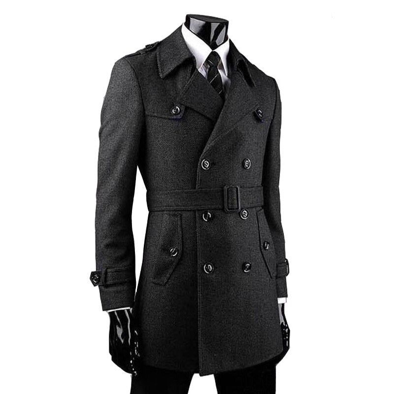 Heren Wollen Jassen Elegante Trenchcoat Met Dubbele Knoop Stijlvol Ademend Windjack Van Wolmix - Zwart