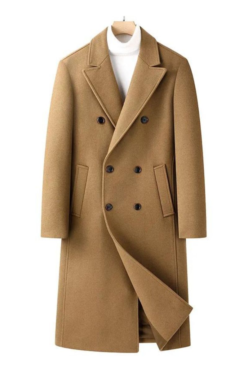 Heren Wolmix Trenchcoat Herfst Winter Dubbele Rij Knopen Lange Erwtjas Casual Gekerfde Revers Klassieke Overjas Man