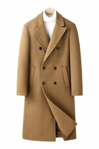 Heren Wolmix Trenchcoat Herfst Winter Dubbele Rij Knopen Lange Erwtjas Casual Gekerfde Revers Klassieke Overjas Man