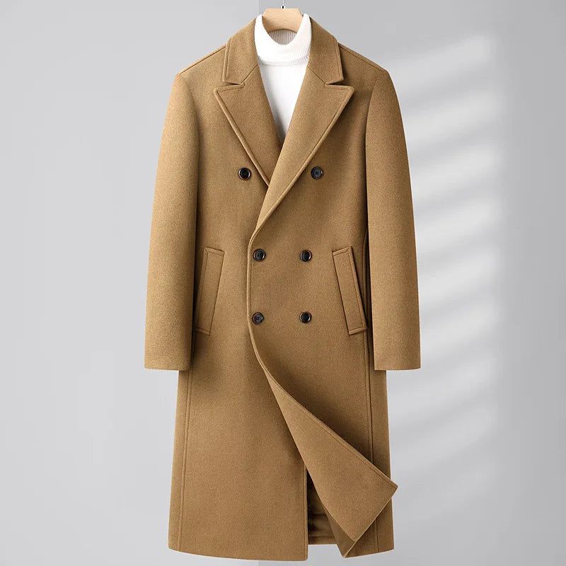 Heren Wolmix Trenchcoat Herfst Winter Dubbele Rij Knopen Lange Erwtjas Casual Gekerfde Revers Klassieke Overjas Man - Grijs