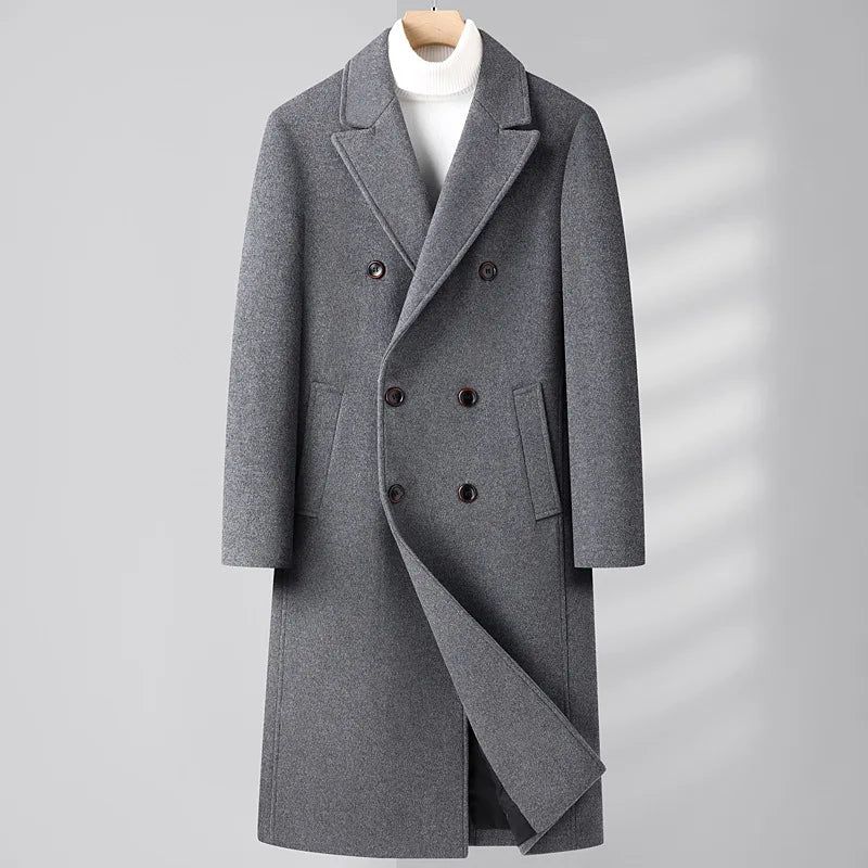 Heren Wolmix Trenchcoat Herfst Winter Dubbele Rij Knopen Lange Erwtjas Casual Gekerfde Revers Klassieke Overjas Man - Grijs