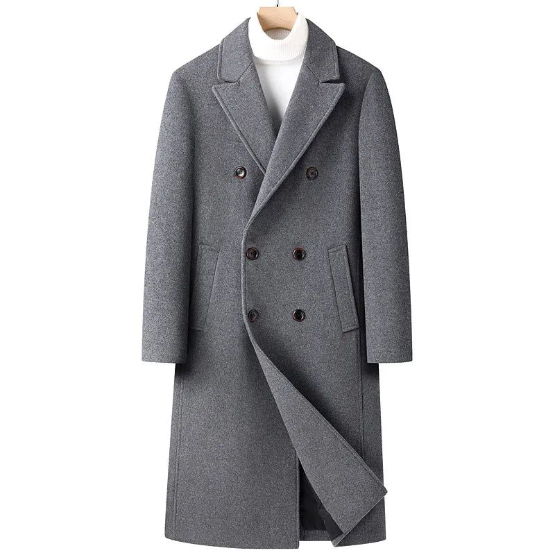 Heren Wolmix Trenchcoat Herfst Winter Dubbele Rij Knopen Lange Erwtjas Casual Gekerfde Revers Klassieke Overjas Man - Grijs