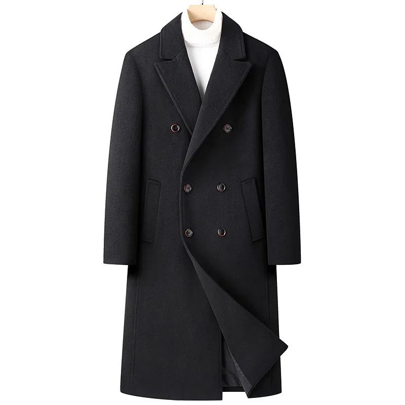 Heren Wolmix Trenchcoat Herfst Winter Dubbele Rij Knopen Lange Erwtjas Casual Gekerfde Revers Klassieke Overjas Man - Grijs