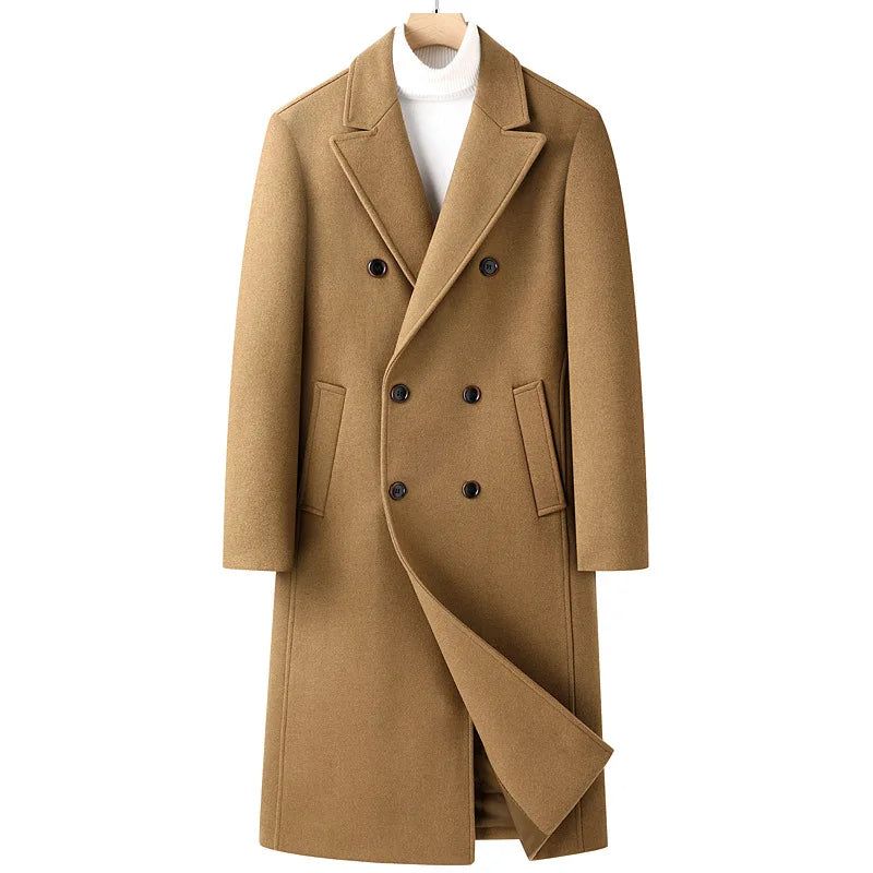 Heren Wolmix Trenchcoat Herfst Winter Dubbele Rij Knopen Lange Erwtjas Casual Gekerfde Revers Klassieke Overjas Man - Grijs