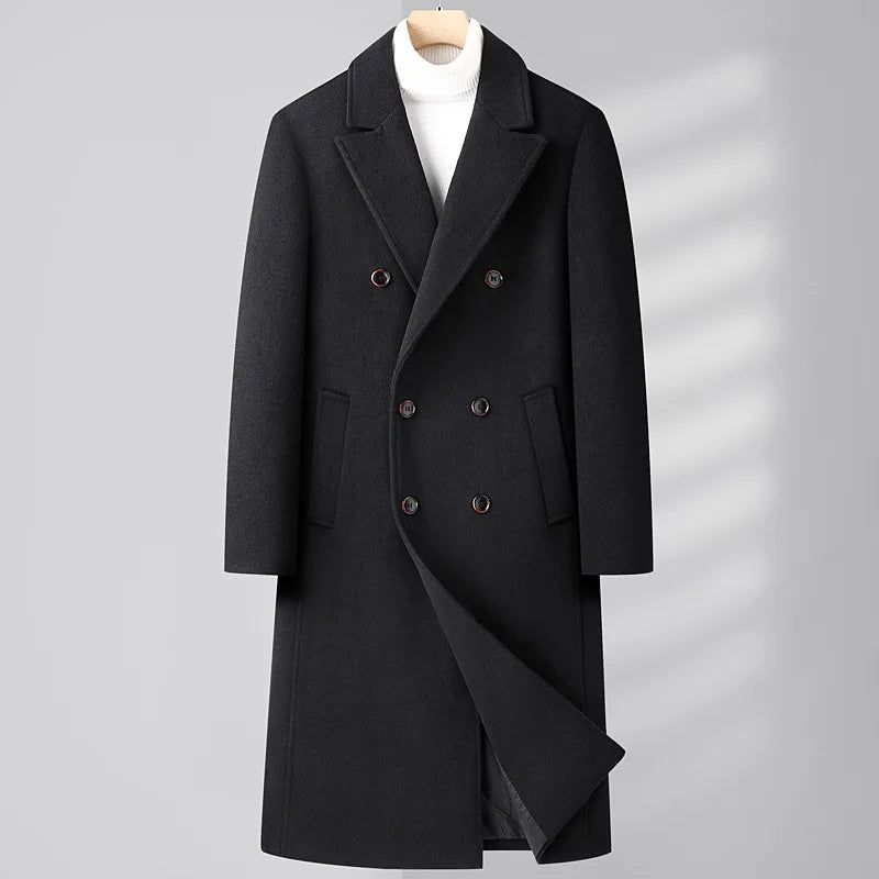 Heren Wolmix Trenchcoat Herfst Winter Dubbele Rij Knopen Lange Erwtjas Casual Gekerfde Revers Klassieke Overjas Man - Grijs