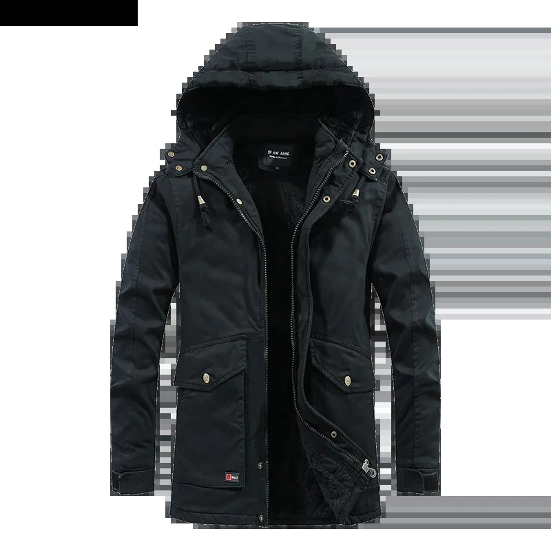 Herenjas Met Meerdere Zakken En Capuchon Parka Buitenkleding Militaire Winterjas Verdikte Warme Casual Katoenen Jack - Zwart