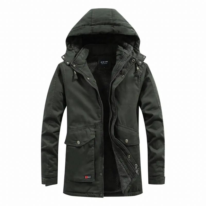 Herenjas Met Meerdere Zakken En Capuchon Parka Buitenkleding Militaire Winterjas Verdikte Warme Casual Katoenen Jack - Zwart