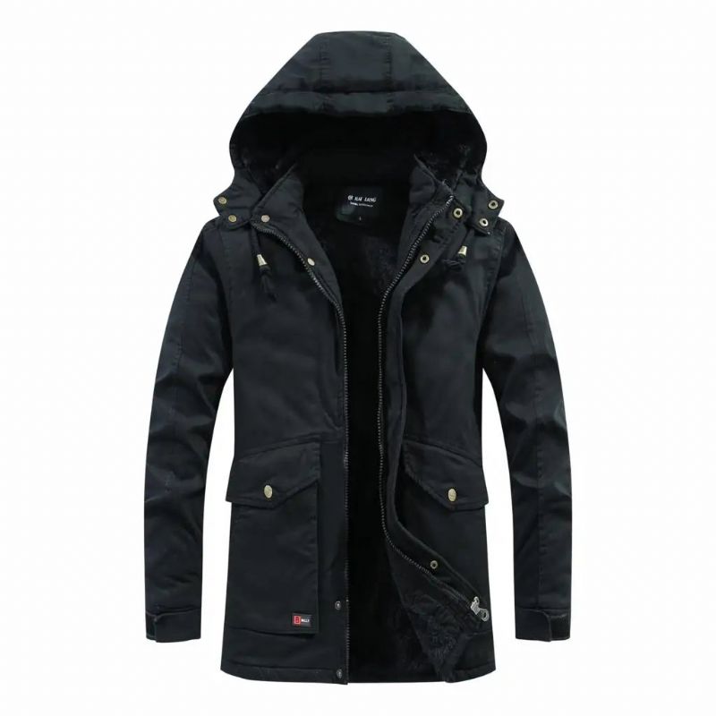 Herenjas Met Meerdere Zakken En Capuchon Parka Buitenkleding Militaire Winterjas Verdikte Warme Casual Katoenen Jack - Zwart