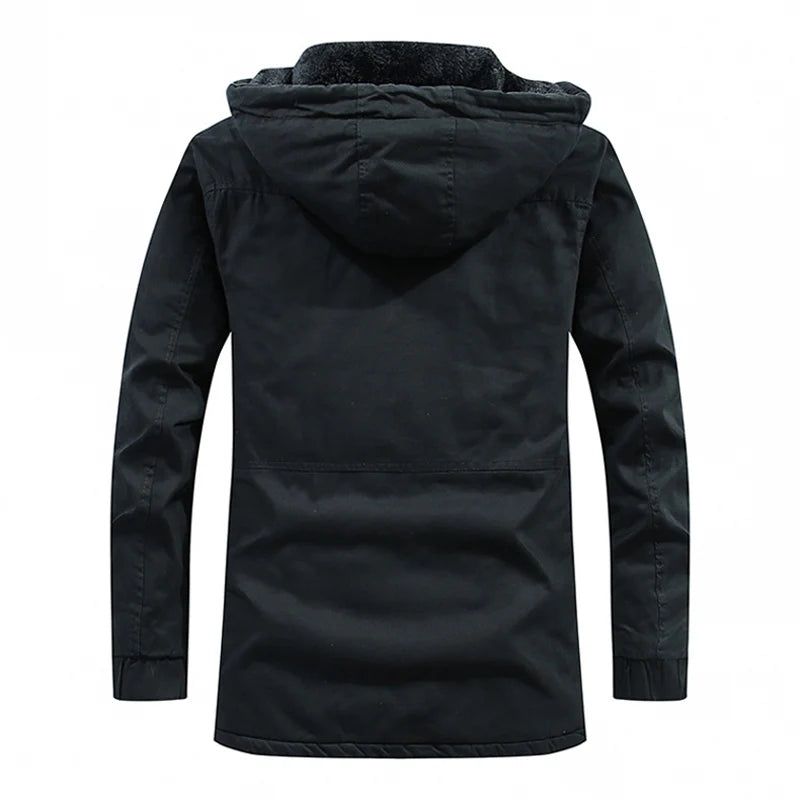 Herenjas Met Meerdere Zakken En Capuchon Parka Buitenkleding Militaire Winterjas Verdikte Warme Casual Katoenen Jack - Zwart