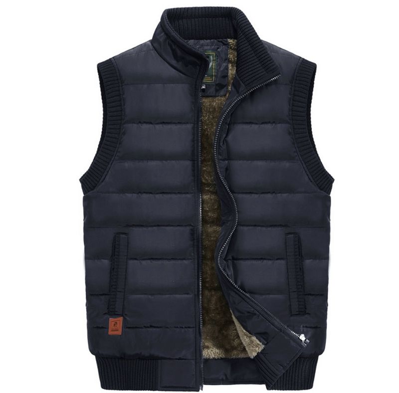 Herenjas Mouwloos Vest Winter Mannelijke Fleece Warme Jassen Mannen Stand Kraag Leger Dikker Vesten Kleding - Zwart