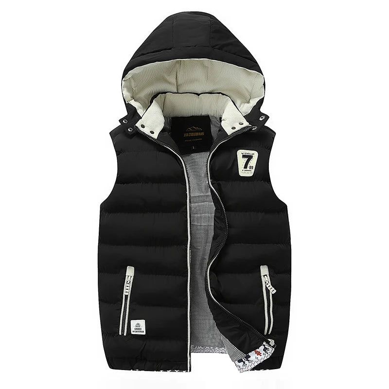 Herenvest Wintervest Casual Vest Mouwloos Herenjack Warm Overjassen Hoed Afneembaar - Zwart