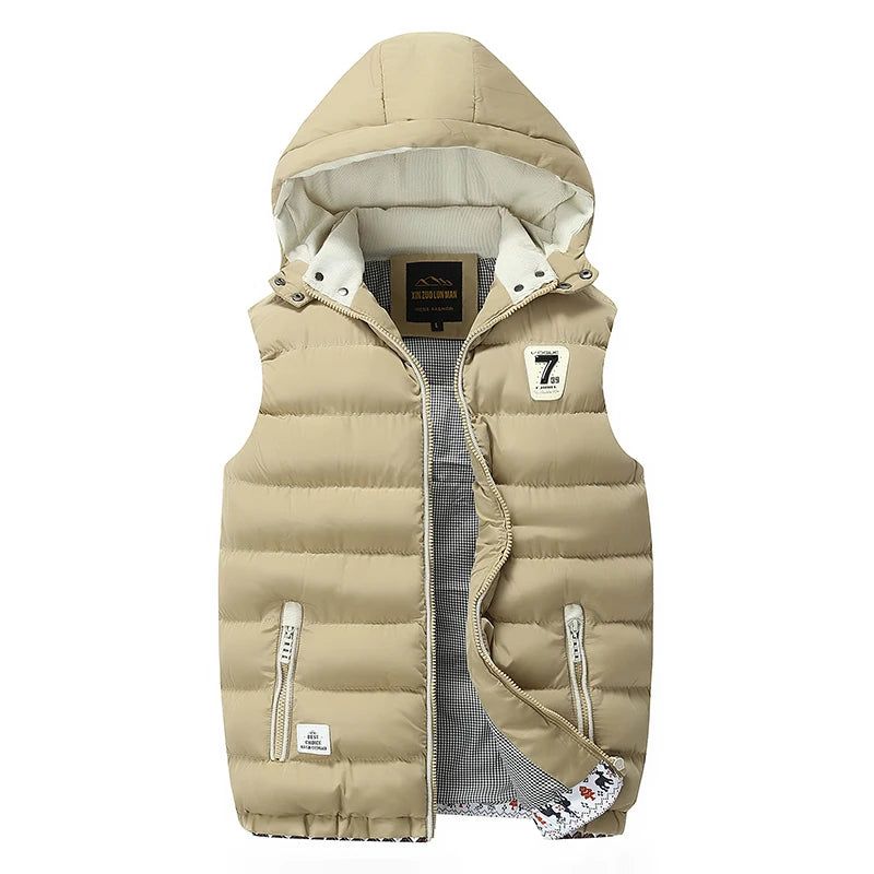 Herenvest Wintervest Casual Vest Mouwloos Herenjack Warm Overjassen Hoed Afneembaar - Zwart