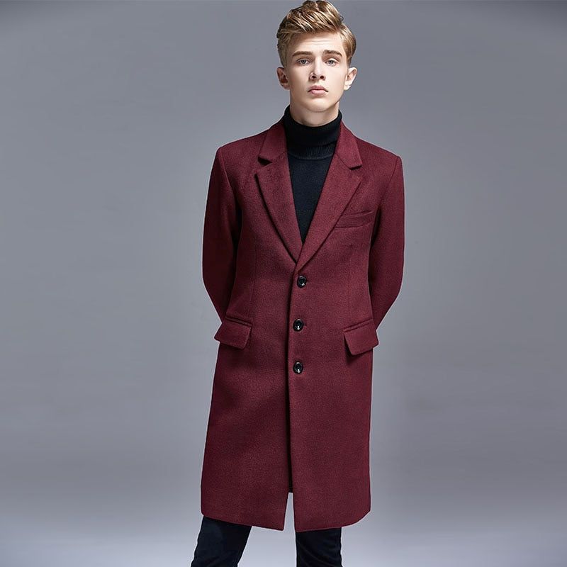 Herfst Winter Casual Engeland Slanke Single-breasted Mannen Pak Kraag Wollen Trenchcoat Middellange Heren Jassen En - Zwart