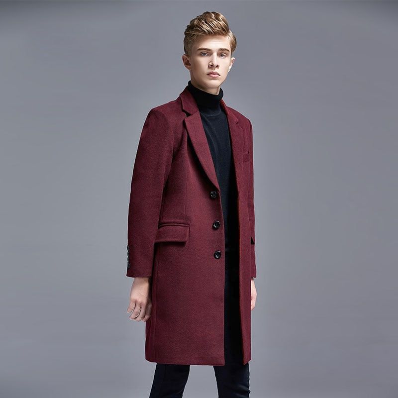 Herfst Winter Casual Engeland Slanke Single-breasted Mannen Pak Kraag Wollen Trenchcoat Middellange Heren Jassen En - Zwart