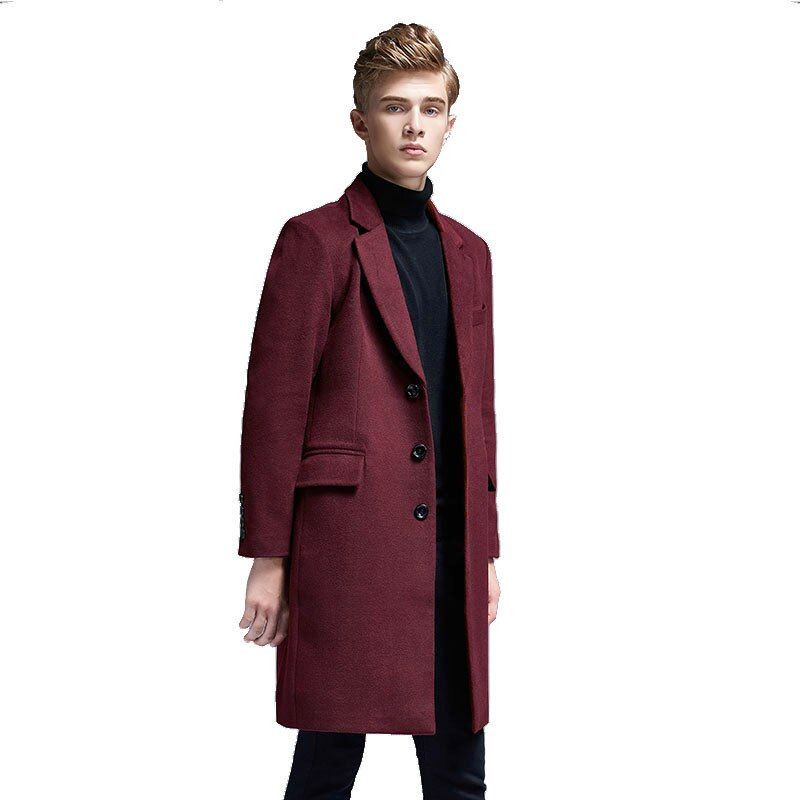 Herfst Winter Casual Engeland Slanke Single-breasted Mannen Pak Kraag Wollen Trenchcoat Middellange Heren Jassen En - Zwart