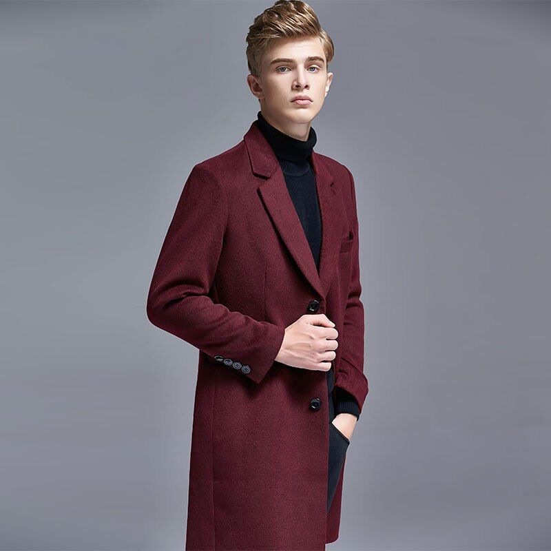 Herfst Winter Casual Engeland Slanke Single-breasted Mannen Pak Kraag Wollen Trenchcoat Middellange Heren Jassen En - Zwart