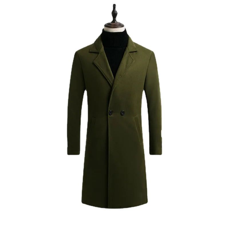 Herfst Winter Heren Wollen Jas Wol Warme Opstaande Kraag Trenchcoat Met Lange Mouwen - Groen