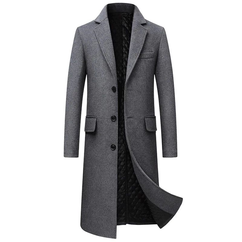 Herfst Winter Heren Wollen Jassen Boutique High-end Wolmix Overjas Geul Mannen X-lange Dikke Jas Over De Knie Trenchcoat - Zwart