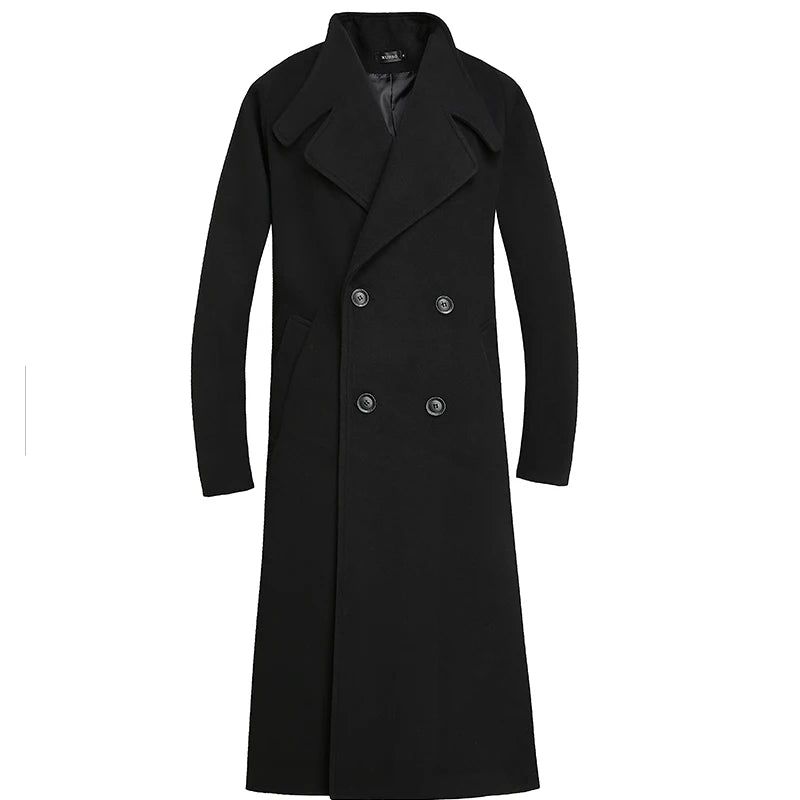 Herfst Winter Middellange Jas Verdikte Wollen Jas Losse Casual Trenchcoat Met Dubbele Rij Knopen - Zwart