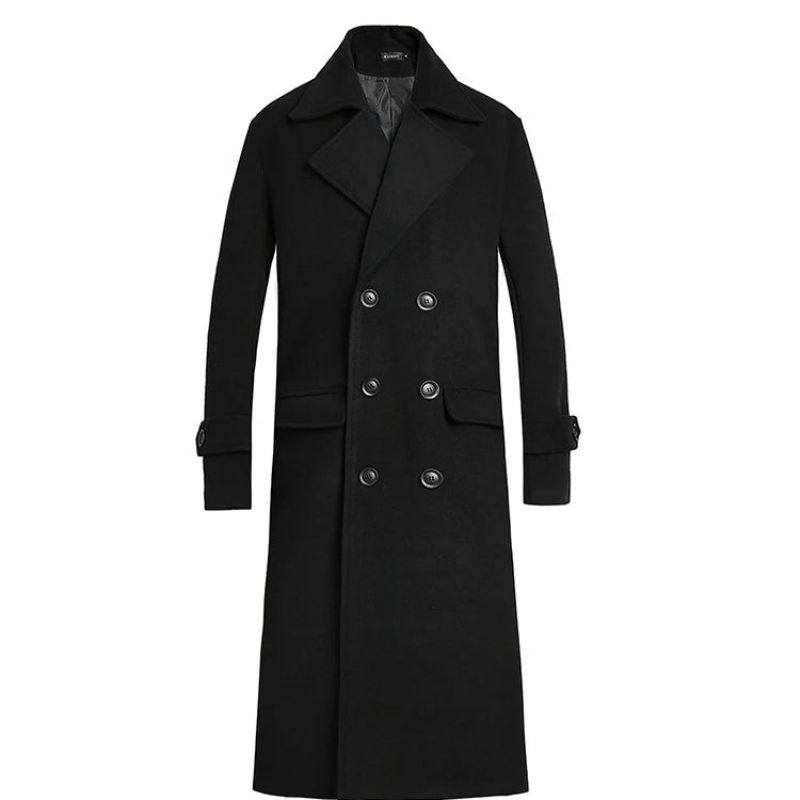 Herfst Winter Middellange Jas Verdikte Wollen Jas Losse Casual Trenchcoat Met Dubbele Rij Knopen - Zwart