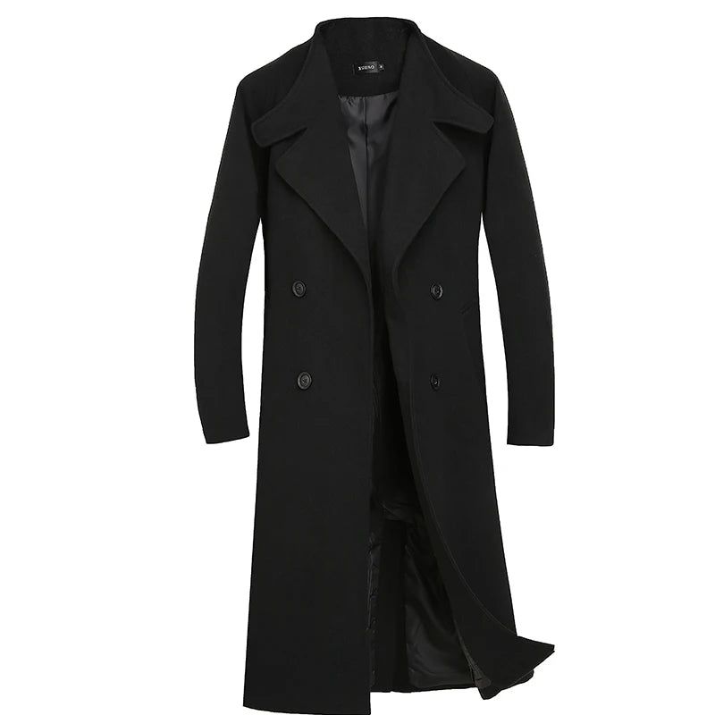 Herfst Winter Middellange Jas Verdikte Wollen Jas Losse Casual Trenchcoat Met Dubbele Rij Knopen - Zwart