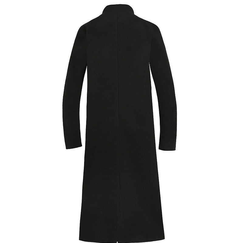 Herfst Winter Middellange Jas Verdikte Wollen Jas Losse Casual Trenchcoat Met Dubbele Rij Knopen - Zwart