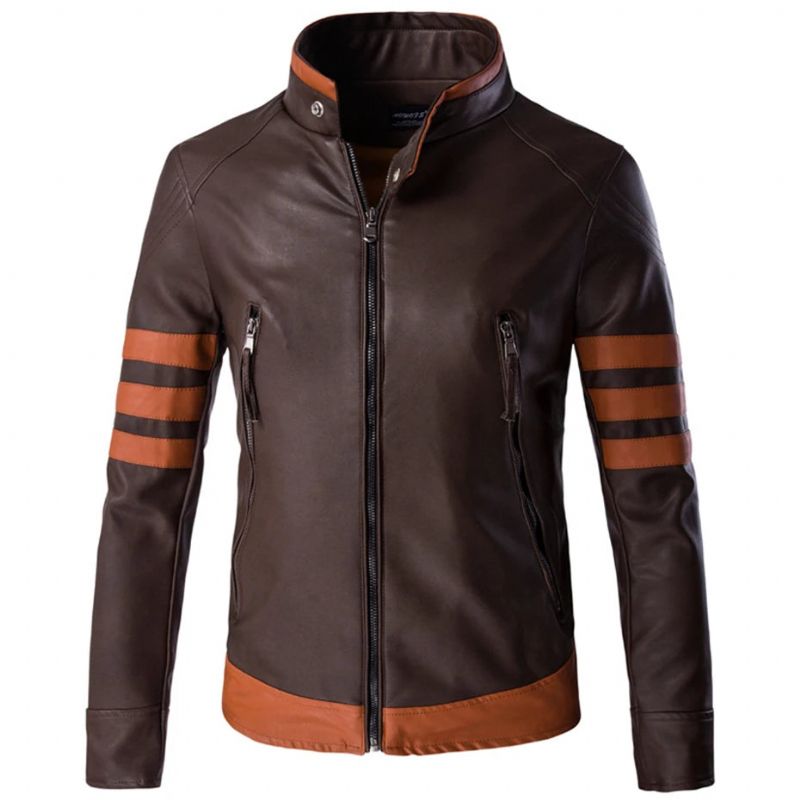 Jas Heren Motorfiets Biker Jas Mannelijke Causale Kunstleer Jas Bovenkleding - Bruin