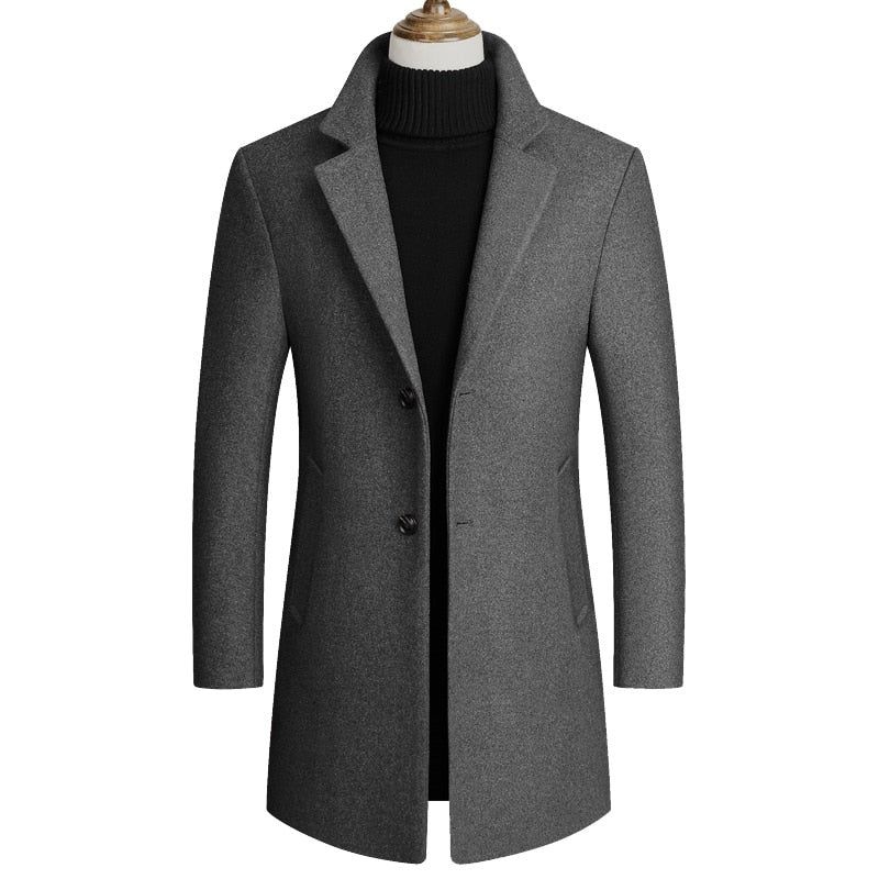 Jas Heren Wollen Jassen Lente Herfst Casual Slim Fit Windjack Overjas Lange Trenchcoat Met Enkele Rij Knopen - Zwart