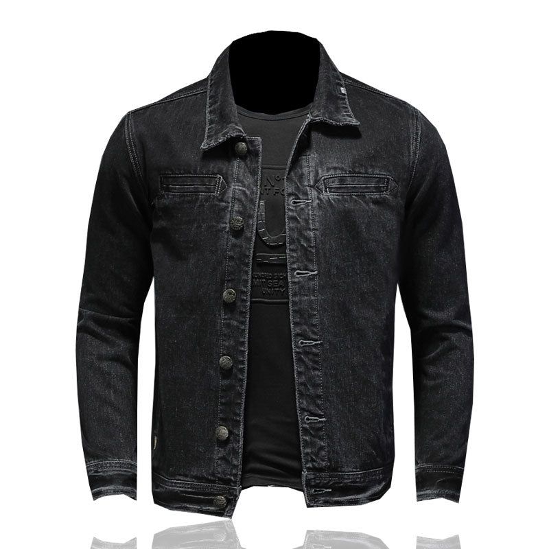 Jeansjasje Mannen Denim Jas Herfst Bomber Motorcycle Eenvoud Casual Revers Lange Mouw Slanke Zwarte Cowboy Kleding - Zwart