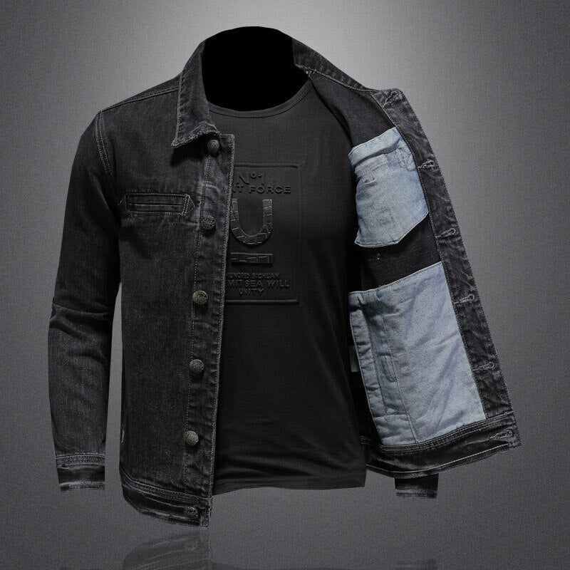 Jeansjasje Mannen Denim Jas Herfst Bomber Motorcycle Eenvoud Casual Revers Lange Mouw Slanke Zwarte Cowboy Kleding - Zwart