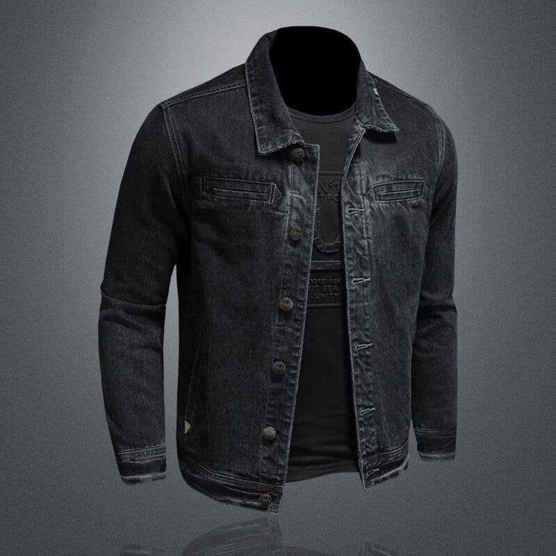 Jeansjasje Mannen Denim Jas Herfst Bomber Motorcycle Eenvoud Casual Revers Lange Mouw Slanke Zwarte Cowboy Kleding - Zwart