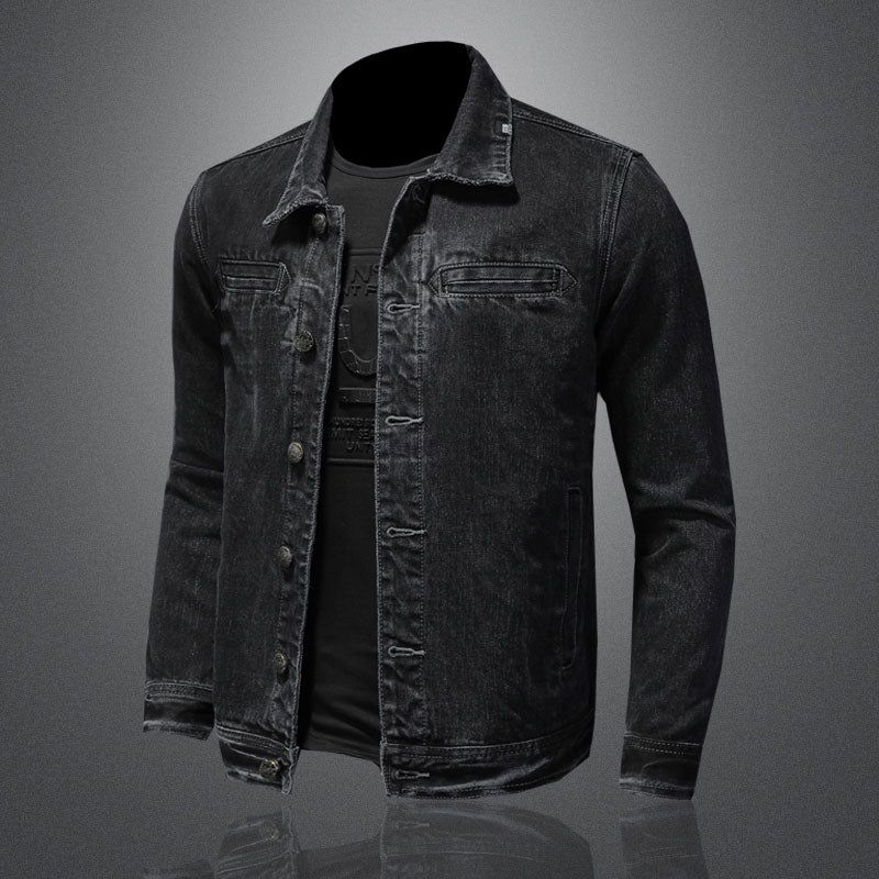 Jeansjasje Mannen Denim Jas Herfst Bomber Motorcycle Eenvoud Casual Revers Lange Mouw Slanke Zwarte Cowboy Kleding - Zwart