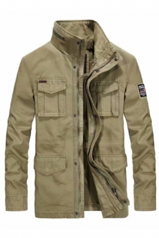 Katoenen Spijkerjassen Heren Lange Opstaande Kraag Multi-pocket Casual Jas Militaire Windjack Voor