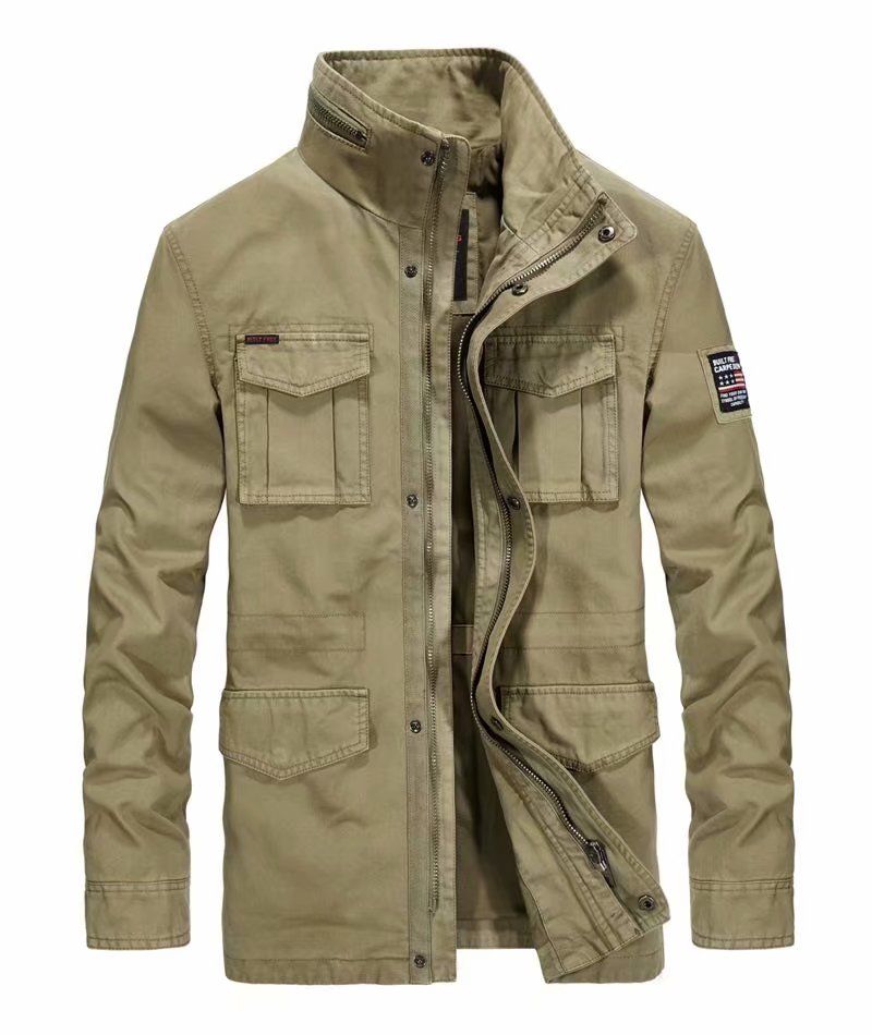 Katoenen Spijkerjassen Heren Lange Opstaande Kraag Multi-pocket Casual Jas Militaire Windjack Voor - 58171 Kaki