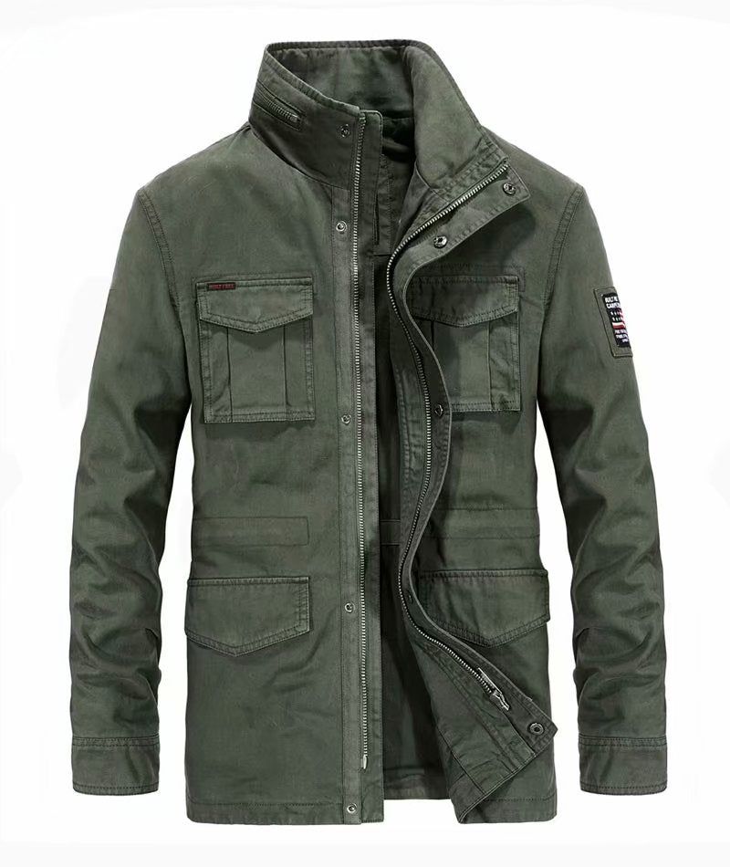 Katoenen Spijkerjassen Heren Lange Opstaande Kraag Multi-pocket Casual Jas Militaire Windjack Voor - 58171 Kaki