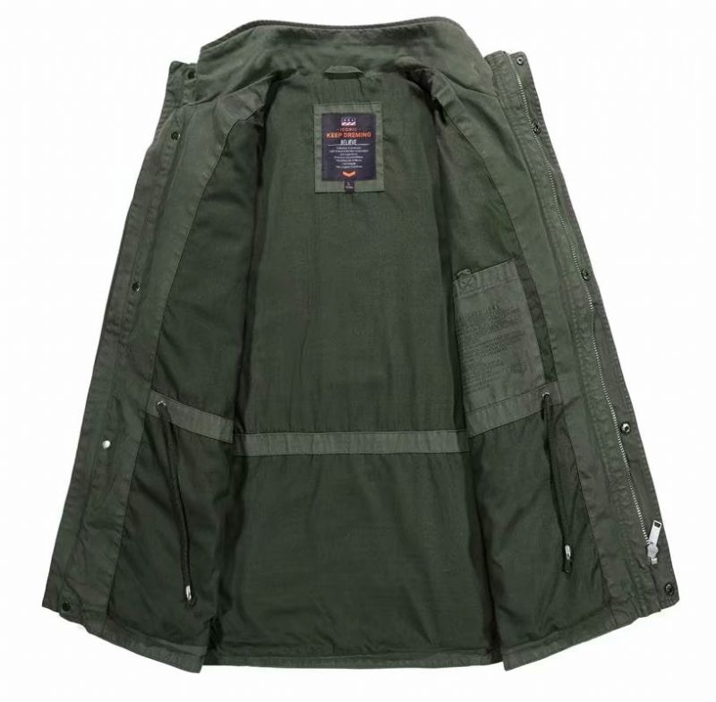 Katoenen Spijkerjassen Heren Lange Opstaande Kraag Multi-pocket Casual Jas Militaire Windjack Voor - 58171 Kaki