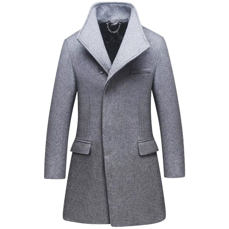 Knappe Trend Casual Wolvilt Jas Heren Jeugd Slanke Revers Middellange Trenchcoat Van Middelbare Leeftijd - Grijs