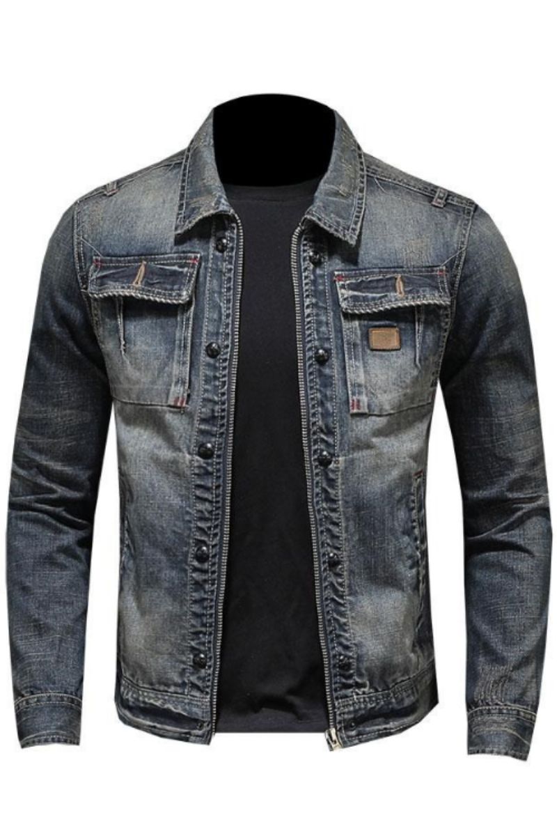 Lente Bomber Denim Jas Heren Jean Jassen Motorfiets Katoen Kraag Gewassen Slanke Casual Lange Mouw Kleding