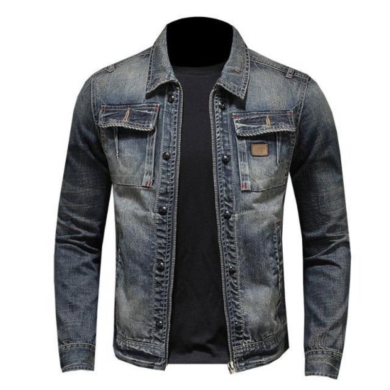 Lente Bomber Denim Jas Heren Jean Jassen Motorfiets Katoen Kraag Gewassen Slanke Casual Lange Mouw Kleding - Grijs