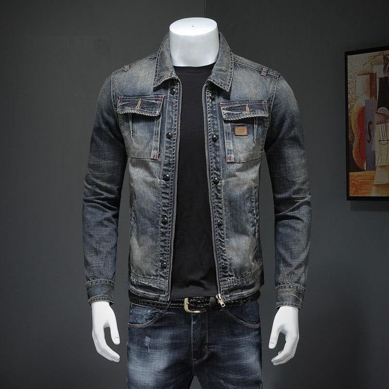 Lente Bomber Denim Jas Heren Jean Jassen Motorfiets Katoen Kraag Gewassen Slanke Casual Lange Mouw Kleding - Grijs