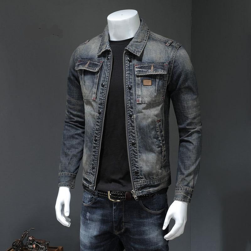 Lente Bomber Denim Jas Heren Jean Jassen Motorfiets Katoen Kraag Gewassen Slanke Casual Lange Mouw Kleding - Grijs