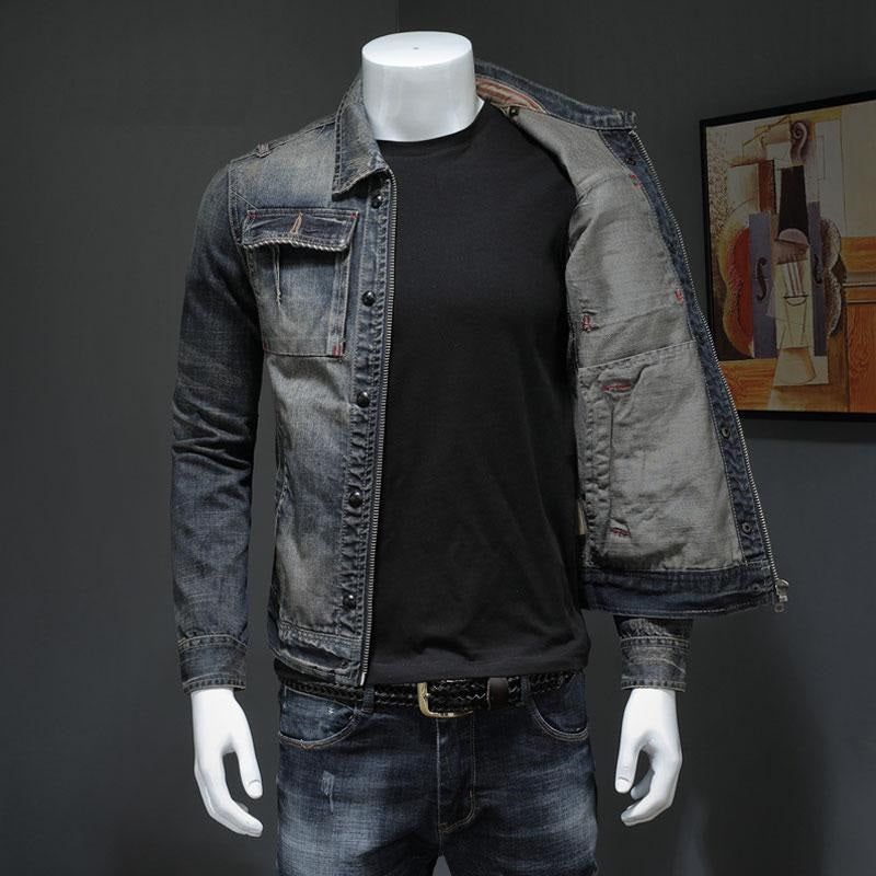 Lente Bomber Denim Jas Heren Jean Jassen Motorfiets Katoen Kraag Gewassen Slanke Casual Lange Mouw Kleding - Grijs