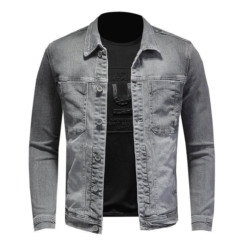 Lente Bomber Lichtgrijs Denim Jas Heren Jean Jassen Motorfiets Katoen Kraag Slanke Casual Lange Mouw Uitloper Kleding - Grijs