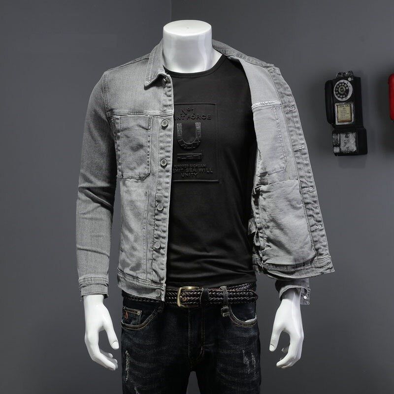 Lente Bomber Lichtgrijs Denim Jas Heren Jean Jassen Motorfiets Katoen Kraag Slanke Casual Lange Mouw Uitloper Kleding - Grijs