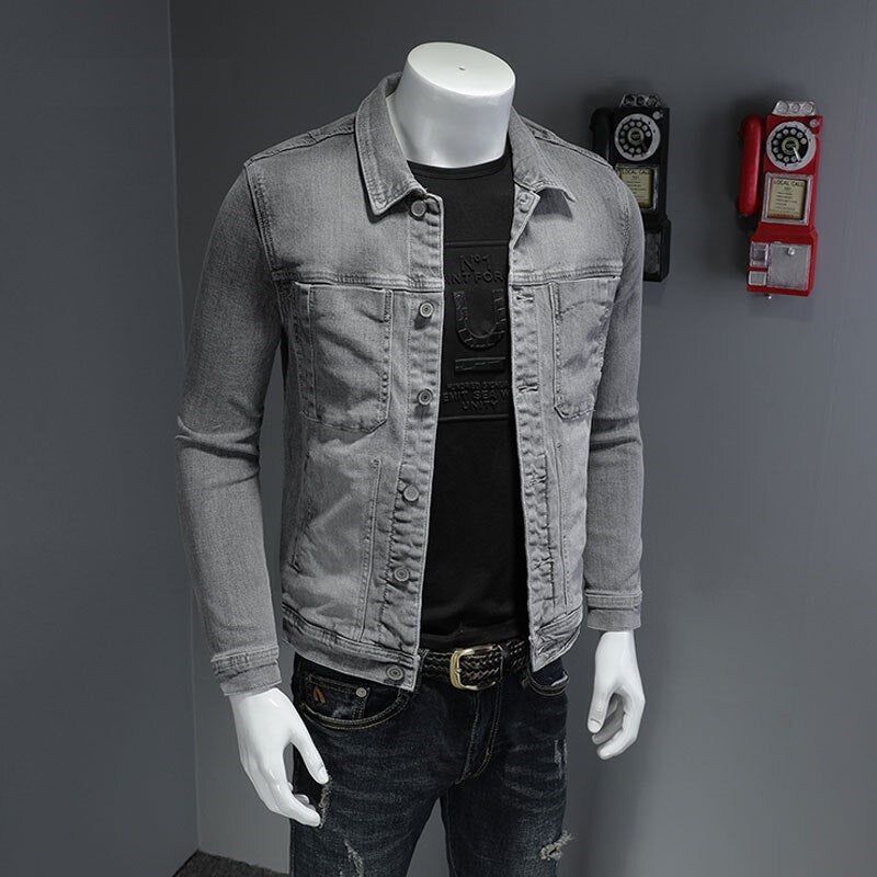 Lente Bomber Lichtgrijs Denim Jas Heren Jean Jassen Motorfiets Katoen Kraag Slanke Casual Lange Mouw Uitloper Kleding - Grijs