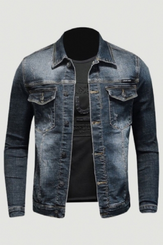 Lente Denim Jack Heren Jeansjas Katoen Elasticiteit Kraag Lange Mouw Slanke Kleding Grijs Blauw Bommenwerper