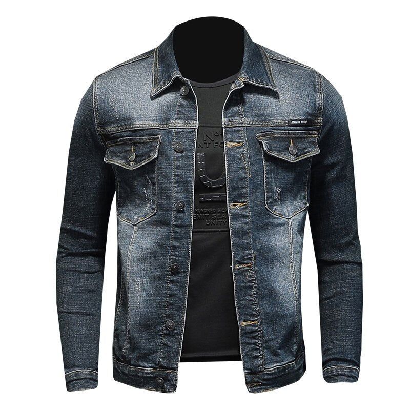 Lente Denim Jack Heren Jeansjas Katoen Elasticiteit Kraag Lange Mouw Slanke Kleding Grijs Blauw Bommenwerper - Zwart