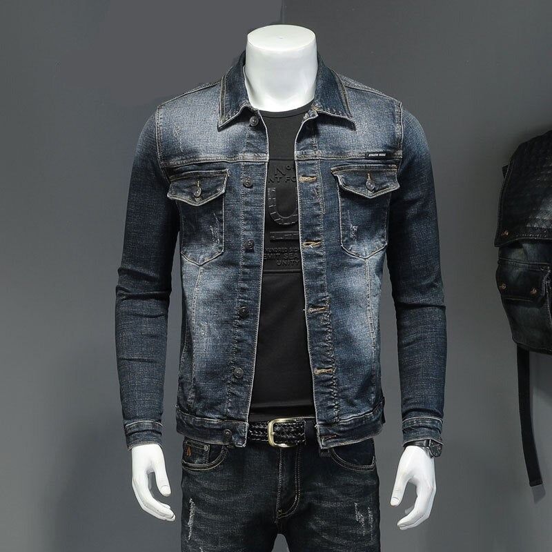 Lente Denim Jack Heren Jeansjas Katoen Elasticiteit Kraag Lange Mouw Slanke Kleding Grijs Blauw Bommenwerper - Zwart