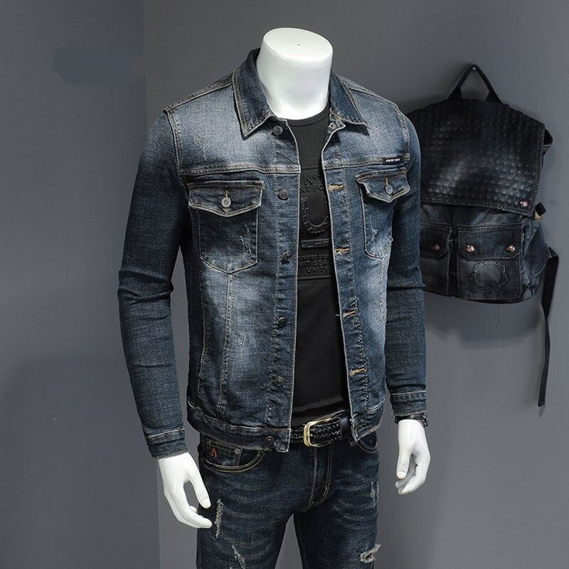 Lente Denim Jack Heren Jeansjas Katoen Elasticiteit Kraag Lange Mouw Slanke Kleding Grijs Blauw Bommenwerper - Zwart