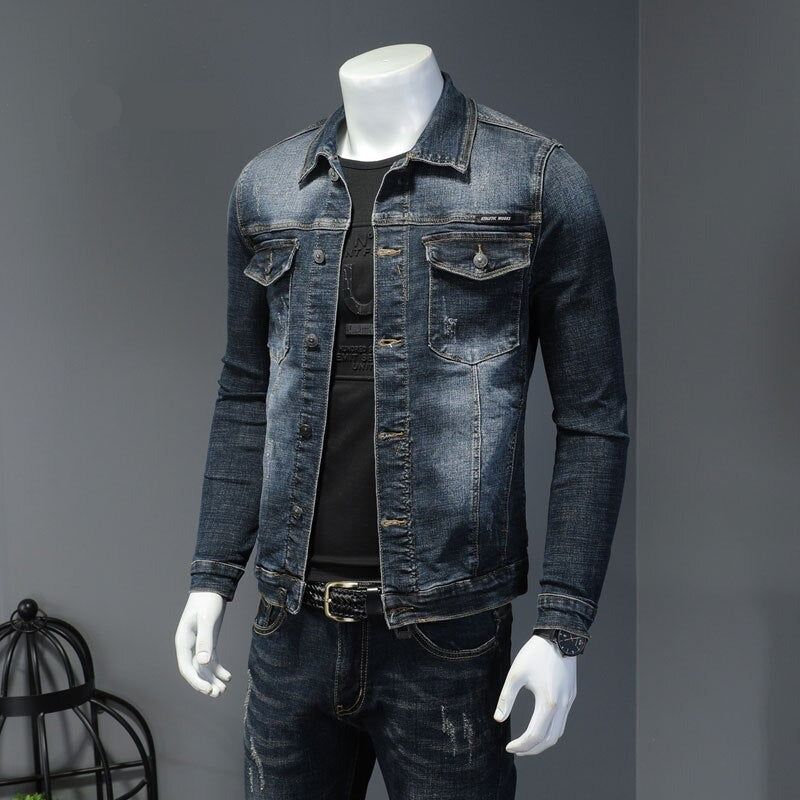 Lente Denim Jack Heren Jeansjas Katoen Elasticiteit Kraag Lange Mouw Slanke Kleding Grijs Blauw Bommenwerper - Zwart